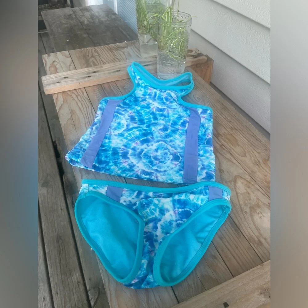 Tie-Dye Tankini Swimsuit Turquoise Blue Purple & Pink Swirls Racerback Girls 7/8